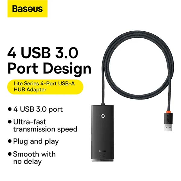 Baseus Airjoy Hub Lite Series 4 Port USB A HUB Adapter 4X USB 3.0 Black 1m WKQX030101 - Image 2