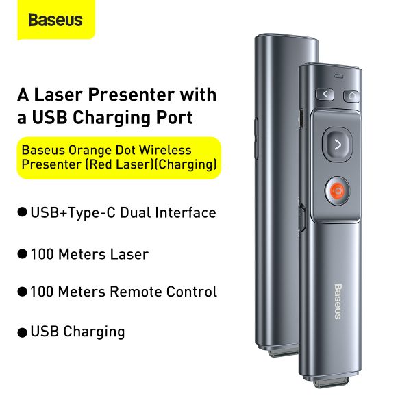 Baseus Orange Dot Rechargeable Wireless Presenter (Red Laser) Grey (6M) - Image 2