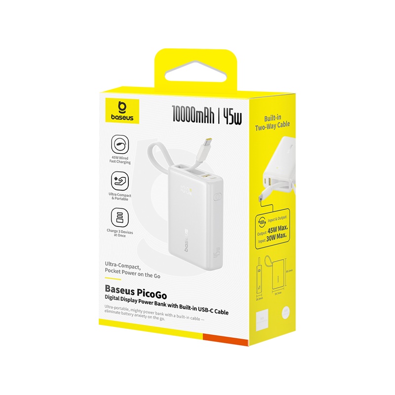 Baseus PicoGo 10000mAh Digital Display 45W Fast Charge Power Bank with Built-in Type-C Cable - White - Image 3