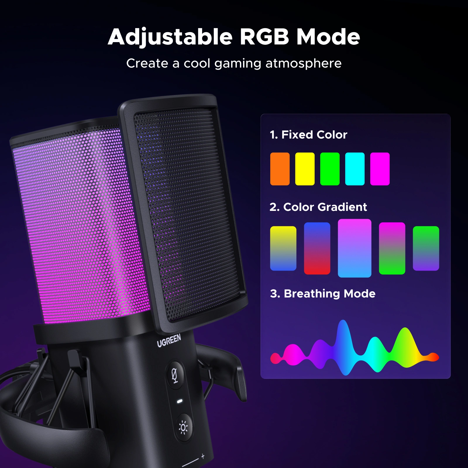 UGREEN Noise-Cancelling RGB 7-Light USB Desktop Microphone – CM581 – 65629 - Image 3