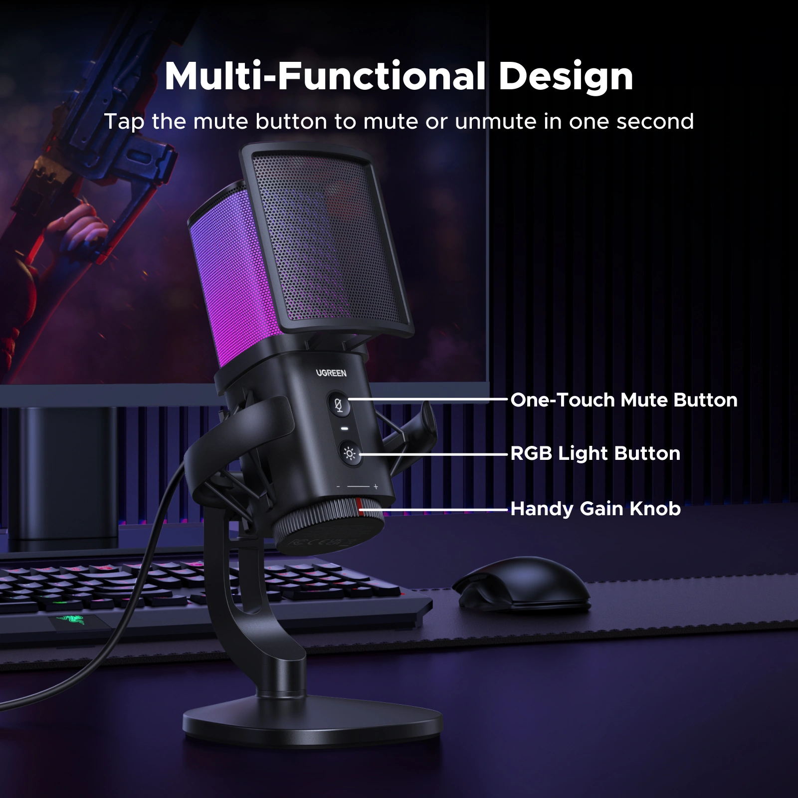UGREEN Noise-Cancelling RGB 7-Light USB Desktop Microphone – CM581 – 65629 - Image 4