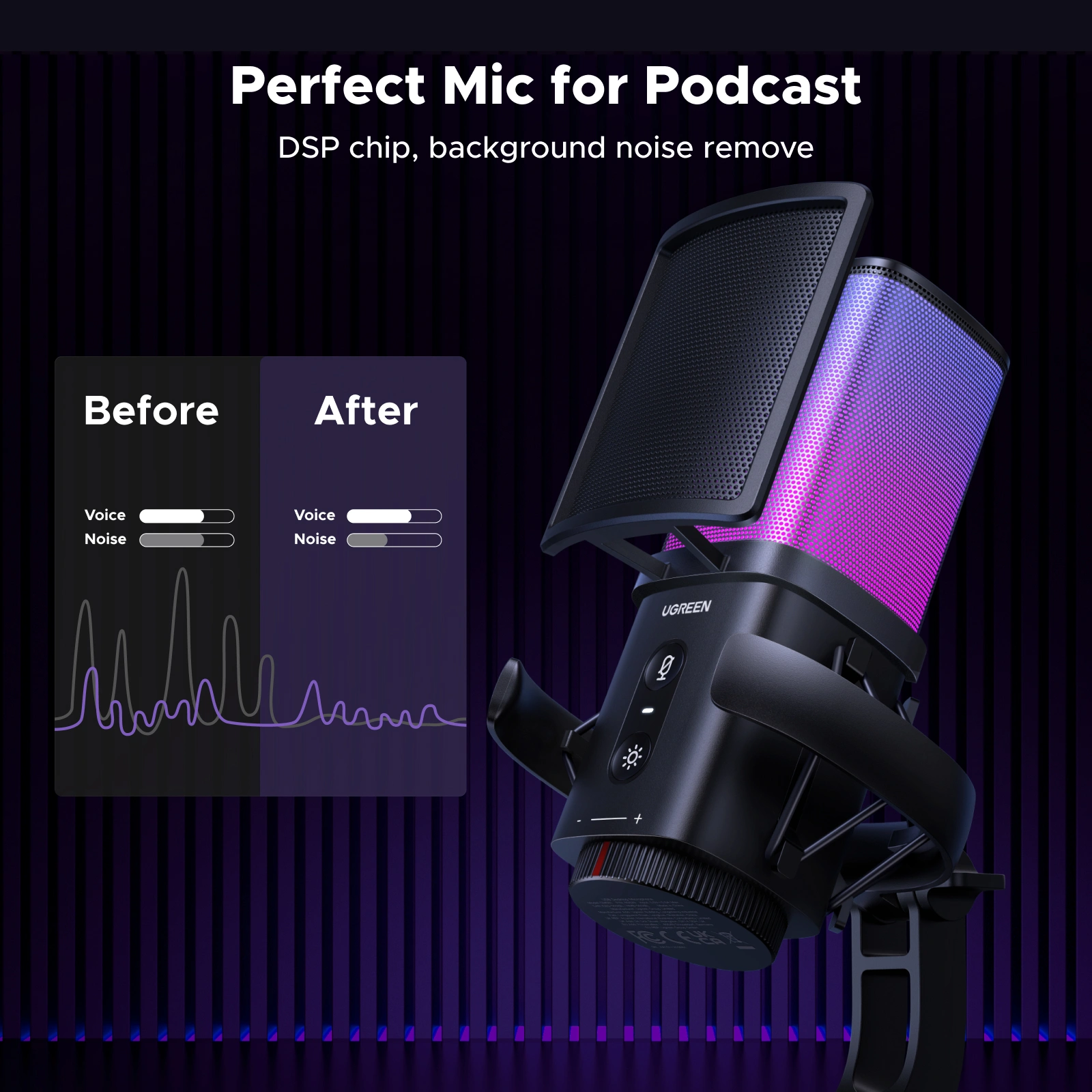 UGREEN Noise-Cancelling RGB 7-Light USB Desktop Microphone – CM581 – 65629 - Image 6